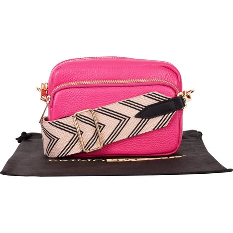small fuchsia pink italian leather shoulder and crossbody bag with wide beige & black chevron strap