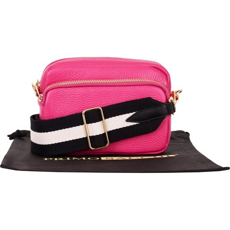 small fuchsia pink italian leather shoulder and crossbody bag with wide black & white stripe strap