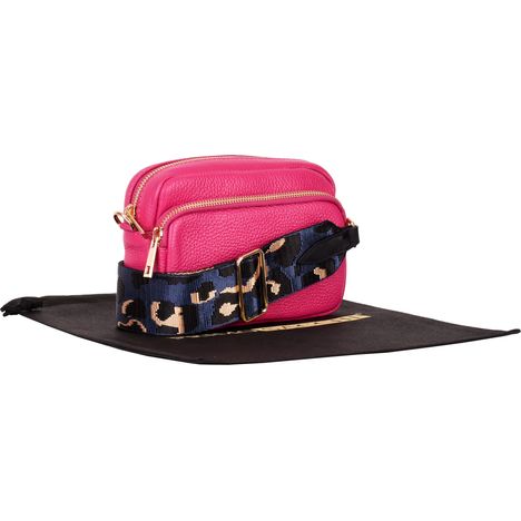womens small pink leather shoulder & crossbody bag with detachable wide blue leopard print strap
