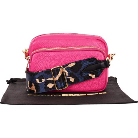 small fuchsia pink italian leather shoulder and crossbody bag with wide blue leopard print strap