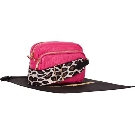 womens small pink leather shoulder & crossbody bag with detachable wide leopard print strap