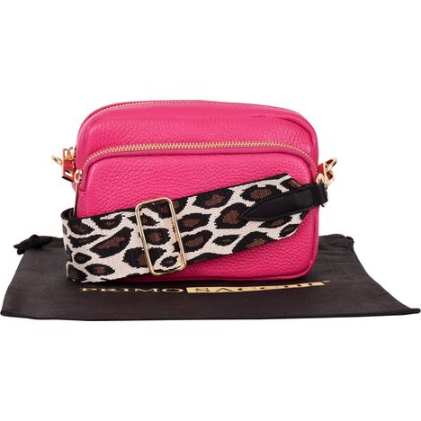 small fuchsia pink italian leather shoulder and crossbody bag with wide leopard print strap