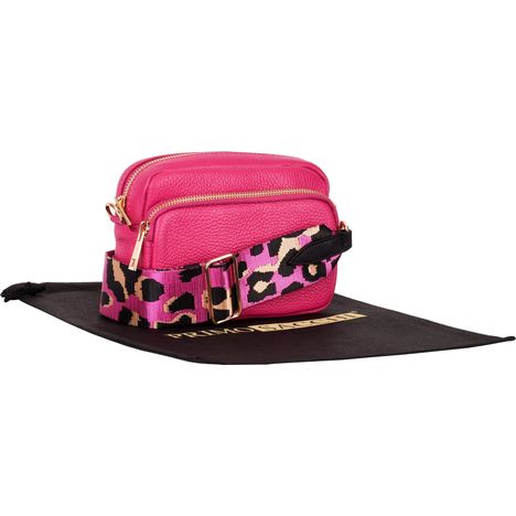 womens small pink leather shoulder & crossbody bag with detachable wide pink leopard print strap