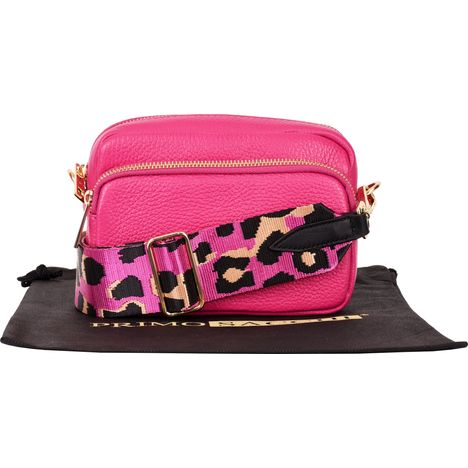 small fuchsia pink italian leather shoulder and crossbody bag with wide pink leopard print strap