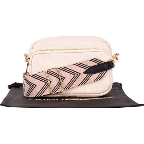 small cream italian leather shoulder and crossbody bag with wide beige & black chevron strap