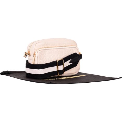 womens small cream leather shoulder & crossbody bag with detachable wide black & white stripe strap