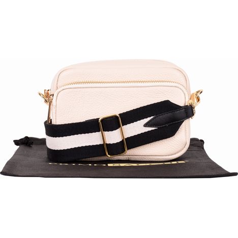 small cream italian leather shoulder and crossbody bag with wide black & white stripe strap