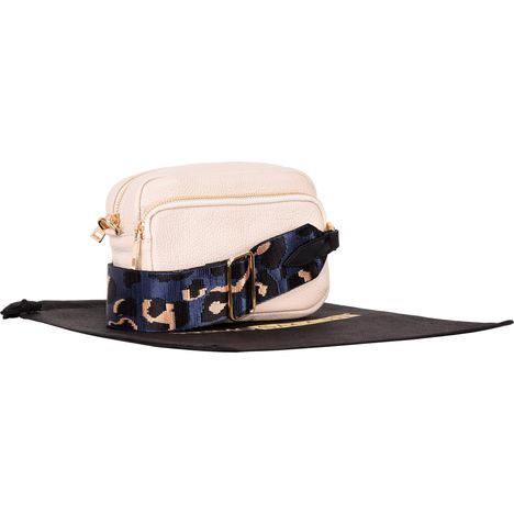 womens small cream leather shoulder & crossbody bag with detachable wide blue leopard print strap