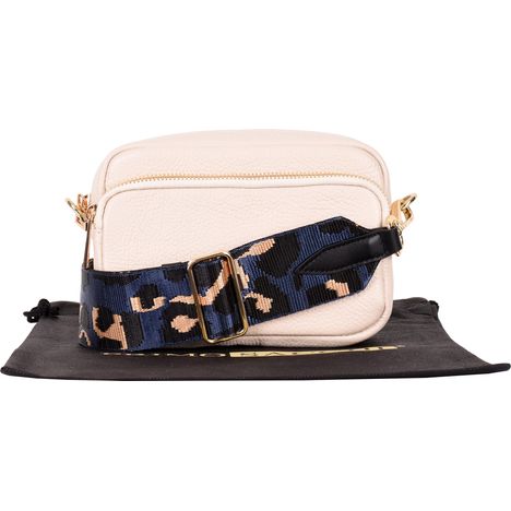 small cream italian leather shoulder and crossbody bag with wide blue leopard print strap