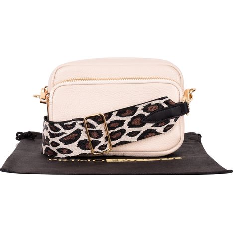 small cream italian leather shoulder and crossbody bag with a wide leopard print adjustable strap