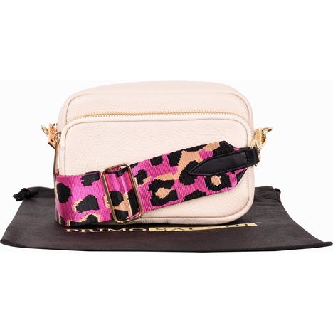 small cream italian leather shoulder and crossbody bag with wide pink leopard print strap