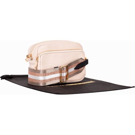 womens small cream leather shoulder bag with detachable wide rose gold & beige stripe strap