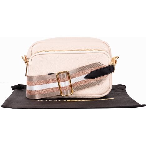 small cream italian leather shoulder and crossbody bag with wide rose gold & beige stripe strap