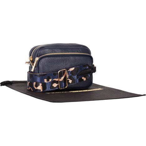 womens small navy leather shoulder & crossbody bag with detachable wide blue leopard print strap