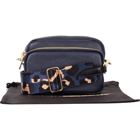 small navy blue italian leather shoulder and crossbody bag with wide blue leopard print strap