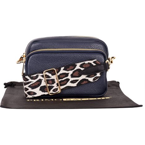 Dina - Small Navy Navy Blue Shoulder Crossbody Bag- Leopard Print Strap