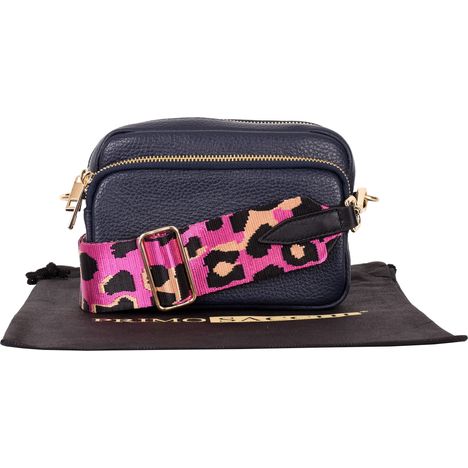 Dina - Small Navy Navy Blue Shoulder Crossbody Bag- Pink Leopard Print Strap