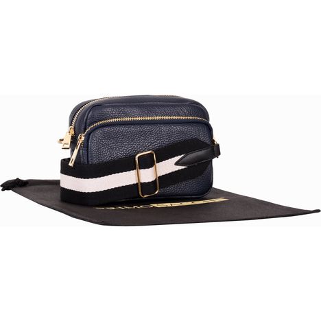 womens small blue leather shoulder & crossbody bag with detachable wide black & white stripe strap