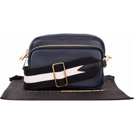 small navy blue italian leather shoulder and crossbody bag with wide black & white stripe strap
