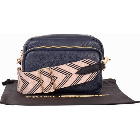 Dina - Small Navy Navy Blue Shoulder Crossbody Bag-Beige & Black Chevron Strap