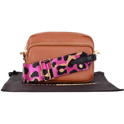 Dina - Small Tan Shoulder Crossbody Bag- Pink Leopard Print Strap