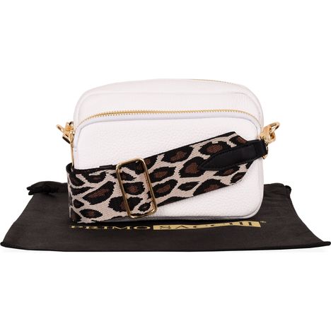 Dina - Small White Shoulder Crossbody Bag- Leopard Print Strap