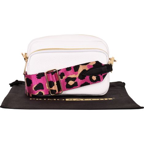 Dina - Small White Shoulder Crossbody Bag- Pink Leopard Print Strap