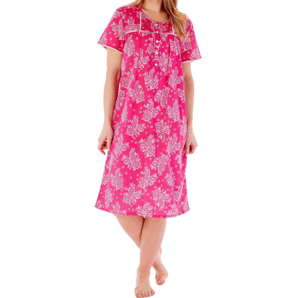 Womens Luxury Summer Floral Print Lightweight Cotton Short Sleeve Nightdress
