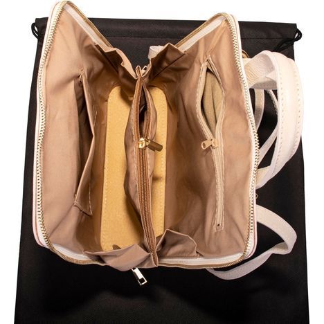 primo sacchi romana bream italian textured leather backpack shoulder crossbody and grab bag base showing the interior two main compartments separated by a zipped compartment and zipped lining compartment and large vanity pocket the other side