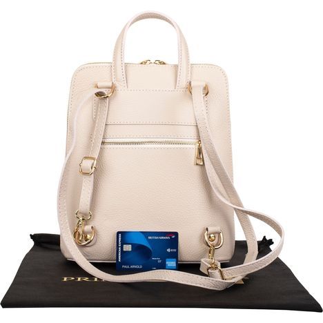 primo sacchi romana cream italian textured leather backpack shoulder crossbody and grab bag rear showing rear zipped pocket pull through straps and bank card for size guide