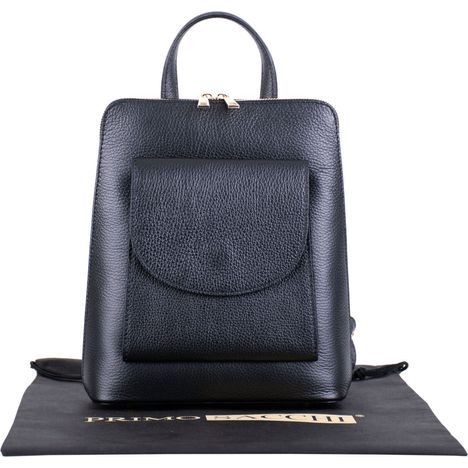 primo sacchi romana black italian textured leather backpack shoulder crossbody and grab bag from the front showing large front pocket