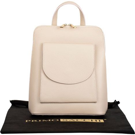 primo sacchi romana cream italian textured leather backpack shoulder crossbody and grab bag from the front showing large front pocket