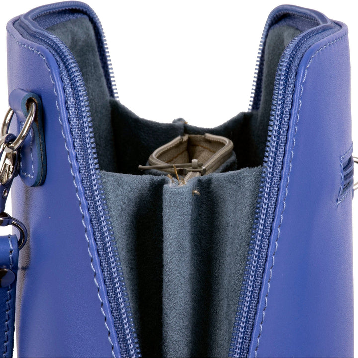 close up of side open view of womens small italian leather should bag in a lavender colour