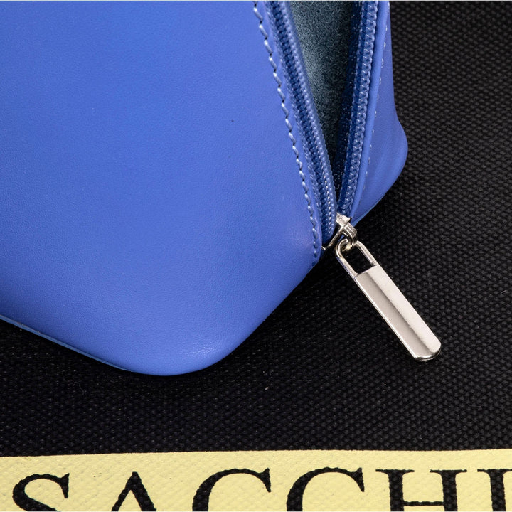 the silver coloured zip puller on a womens small italian leather should bag in a lavender colour