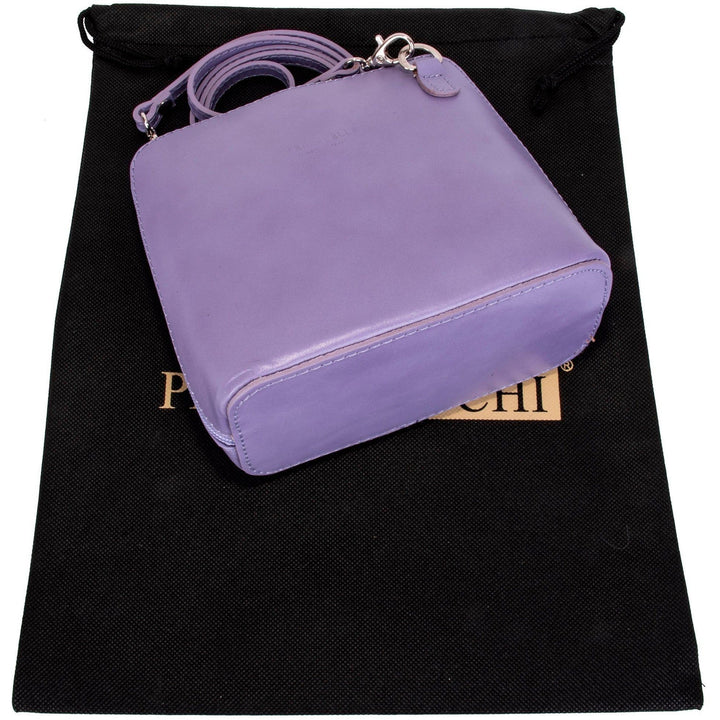 the side and base from above of a womens lilac italian leather small shoulder crossbody bag