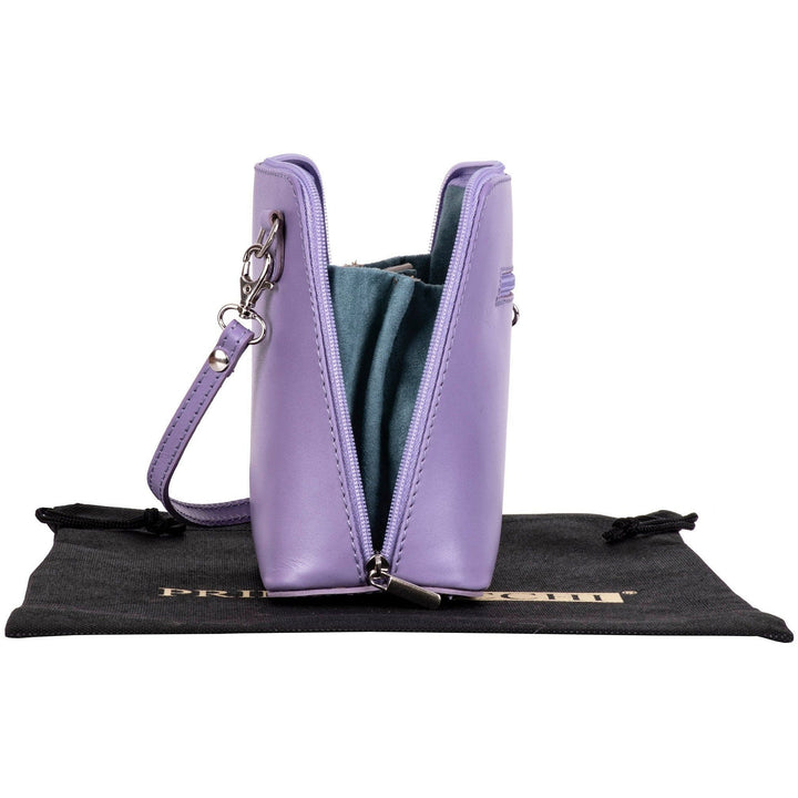 side open view of womens lilac italian leather small shoulder crossbody bag