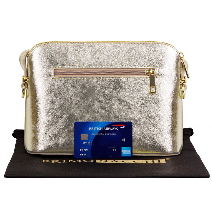 rear view with credit card showing size of womens gold italian leather shoulder and cross body bag