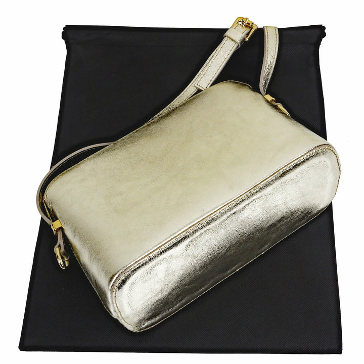the side and base of womens gold italian leather shoulder and cross body bag