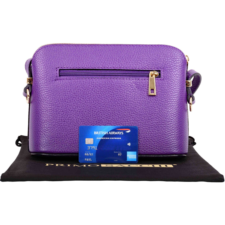 rear view of small purple italian leather shoulder and crossbody bag