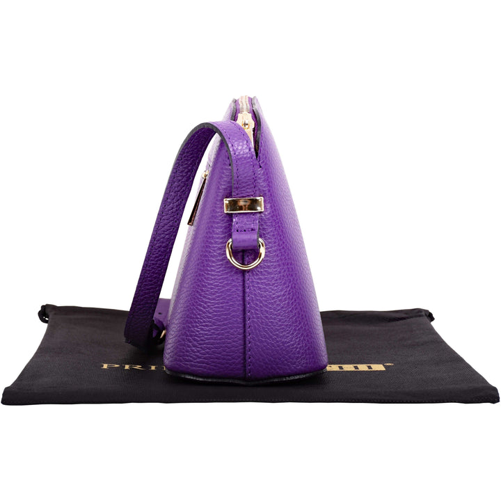 closed side view of small purple italian leather shoulder and crossbody bag