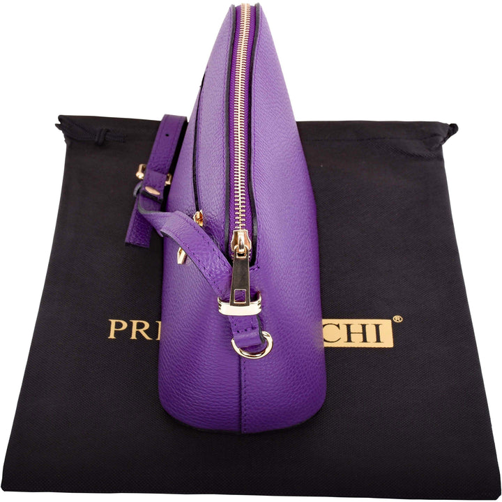 top closed view of small purple italian leather shoulder and crossbody bag