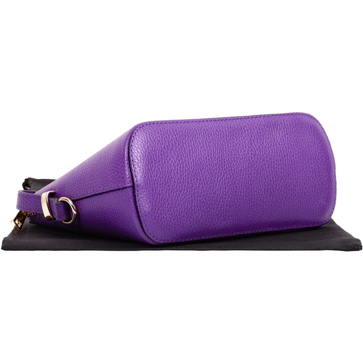 view of the base of small purple italian leather shoulder and crossbody bag