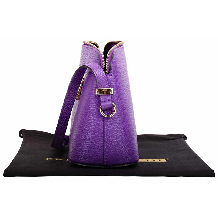 open side view of small purple italian leather shoulder and crossbody bag