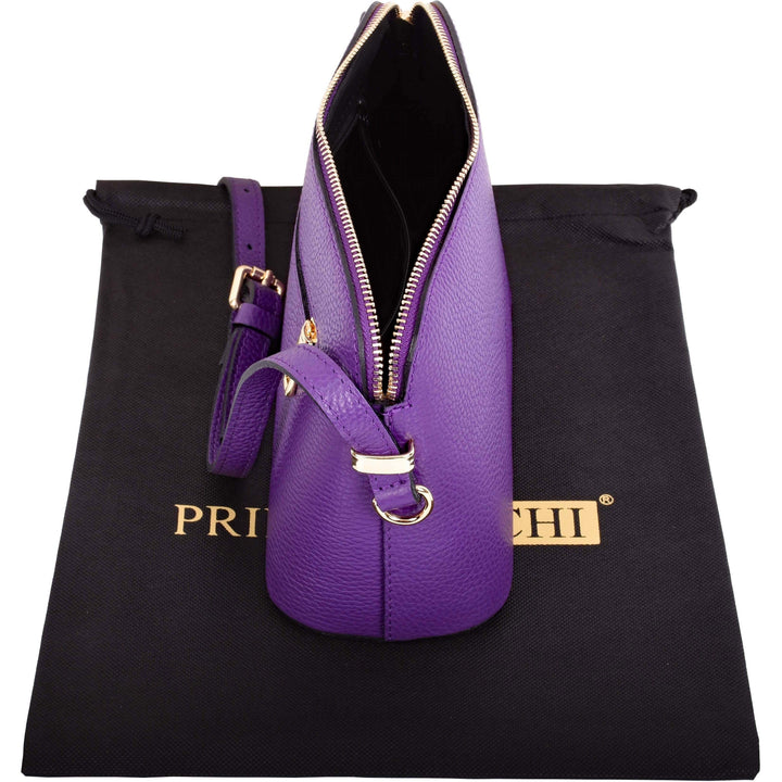 top open view of small purple italian leather shoulder and crossbody bag