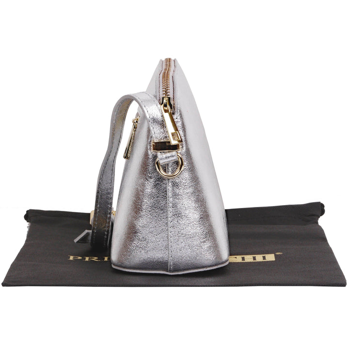 side view of womens silver italian leather shoulder and cross body bag