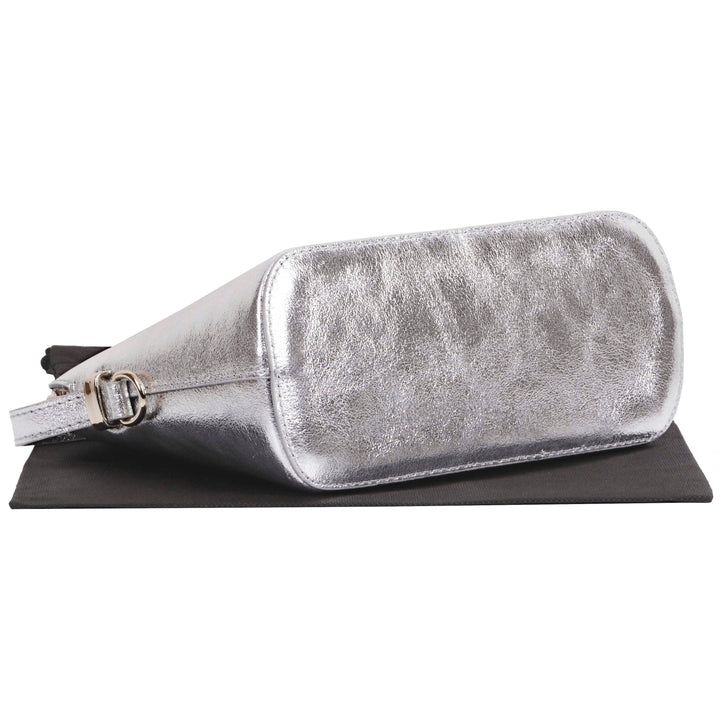 base view of womens silver italian leather shoulder and cross body bag