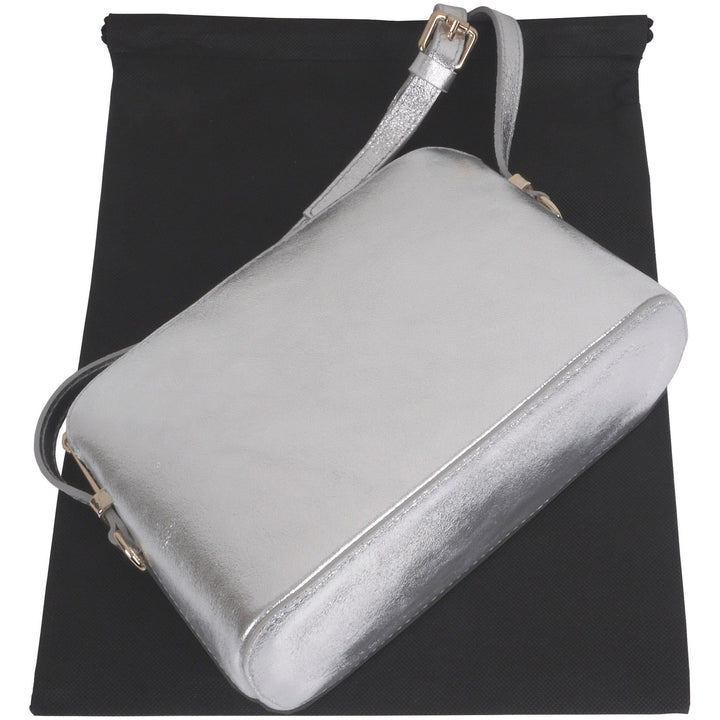 side and base view of womens silver italian leather shoulder and cross body bag