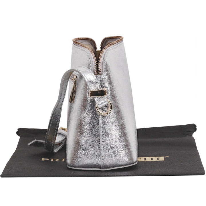 side open view of womens silver italian leather shoulder and cross body bag