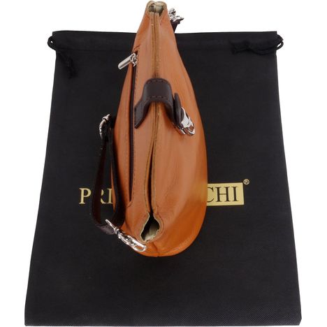 top view of closed handbag with strap & clasp in tan & dark brown soft italian leather