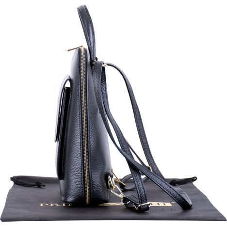 primo sacchi romana black italian textured leather backpack shoulder crossbody and grab bag from the side to show the slim triangular profile